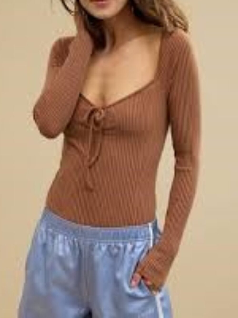 Aerie Ribbed Tie-Front Long Sleeve Bodysuit - Tan NEW Large